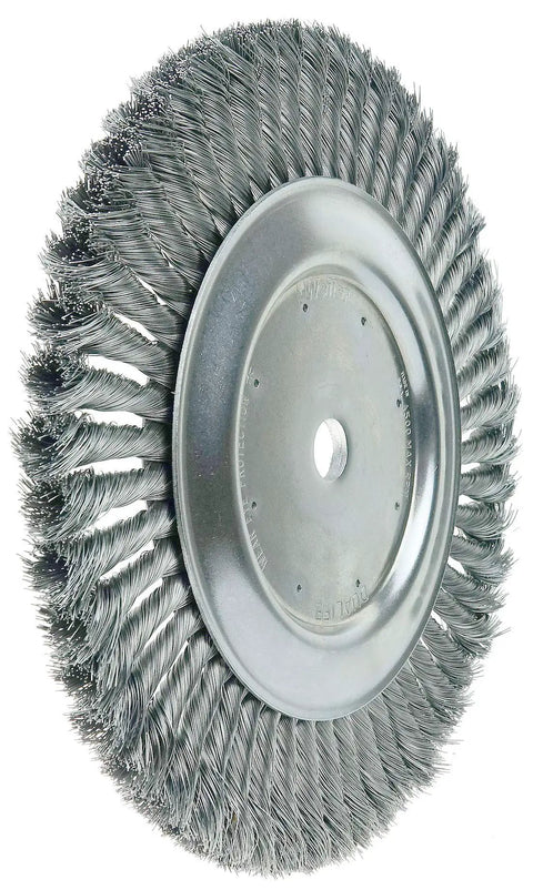 Close-up of 10 Inch Twist Knot Wire Wheel With.014 Inch Steel Fill For Heavy Duty Surface Prep And Rust Paint Removal On Straight Grinders