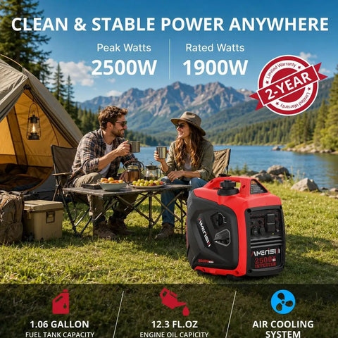 Camping scene with 2500W Portable Inverter Generator With CO Sensor, next to tent and couple enjoying outdoors by lake.
