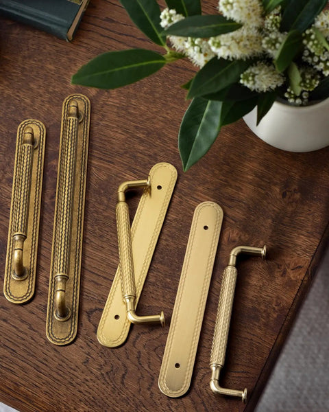 Brushed Gold Cabinet Pulls With Backplate 6 Pack Zinc Alloy Kitchen Drawer Handles on wooden surface