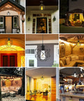 Collage showcasing Solar Pendant Lights For Outdoor Spaces, Automatic Solar Powered Hanging Chandeliers for various outdoor settings