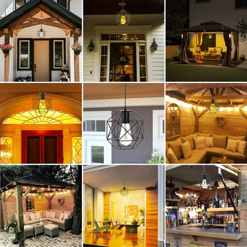 Collage showcasing Solar Pendant Lights For Outdoor Spaces, Automatic Solar Powered Hanging Chandeliers for various outdoor settings