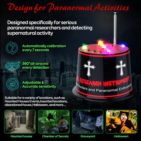 Next Gen Ghost Hunting Equipment With Auto Calibration EMF Detector And Temp Deviation Alerts Pro Grade Adjustable Five Sensitivity Levels Real Time Audible And Visual Alarms Field Fringe Detection Battery Powered 40 To 60 Hours on graveyard backdrop