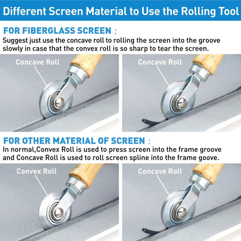 DIY Five In One Window Screen Repair Kit With Screen Roller Tool using concave and convex rolls for screen installation