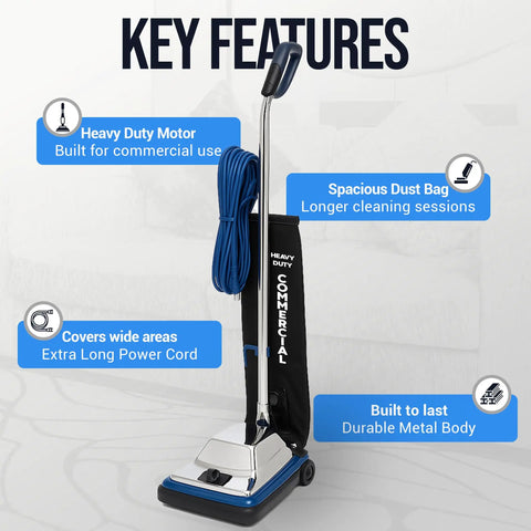 Heavy Duty 12 Inch Commercial Vacuum Cleaner With Shake Out Bag For Carpets And Hard Floors Features Lightweight Chrome Hood And Auto Height Adjustment High Speed Brush Roll That Slams Dirt Like A Boss Perfect For Busy Shops And Offices