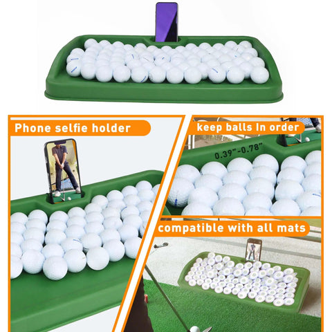 Heavy Duty Golf Ball Tray With Cell Phone Holder For Recording Your Swing, 100 Ball Capacity, High Impact Rubber Construction