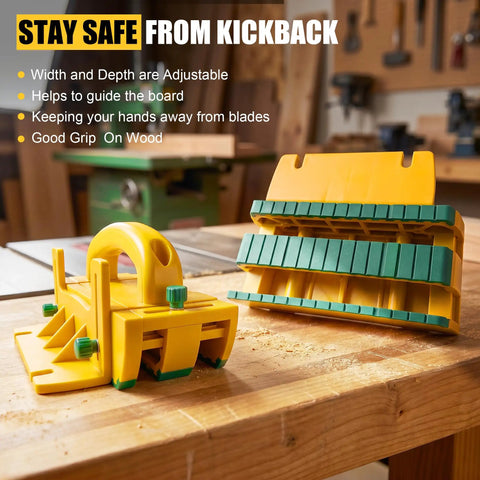 Table Saw Push Block For Woodworking With No Slip Grip And Multidirectional Control To Tackle Tight Narrow Rips Dowel Cuts And Thin Strips While Blocking Kickback And Keeping Hands Safe, shown on workbench
