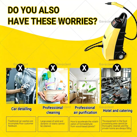 Heavy-Duty Steam Cleaner With Six Accessories For Deep Cleaning Floors, Grills, Autos And Home Surfaces High Pressure Washer on a yellow background, addressing cleaning challenges.