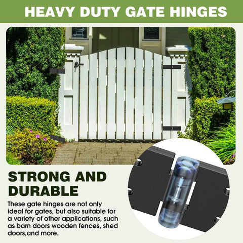 Heavy Duty Gate Hinges 270 Degree Folding Butt Hinges With Electroplating displayed on a white backyard wood gate.