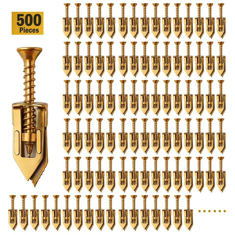 Bulk Self Drilling Drywall Anchors With Screws Kit 500 Pieces Holds Up To 66 Lbs For Picture Frames Shelves Lamps Clocks And More No Drill Needed 0.47x1.57 Inch Size Fits Three Eighths Inch One Half Inch Or Five Eighths Inch Gypsum Wallboard Ideal Home shown in rows.