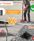 Comparison of 8 By 8 Inch Steel Tamper Tool With 48 Inch Handle in use on gravel vs other compactors.