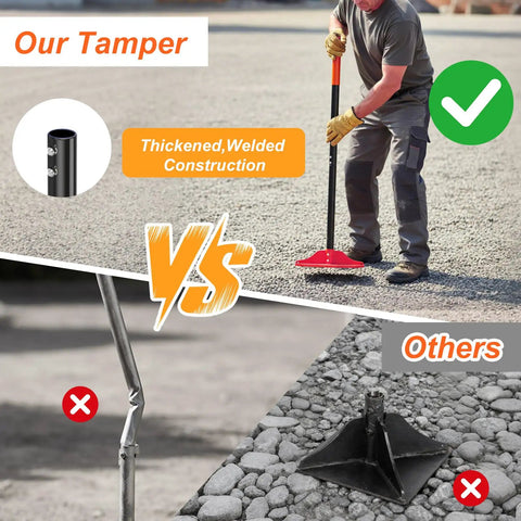 Comparison of 8 By 8 Inch Steel Tamper Tool With 48 Inch Handle in use on gravel vs other compactors.