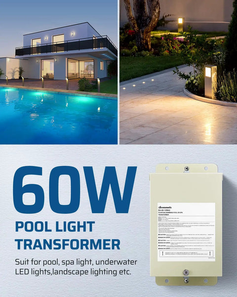 60W Pool Light Transformer Converts 120V AC To 12V And 13V AC For Pool Spa Fountain And Landscape Lighting Dual Output Waterproof Indoor Outdoor Use Low Voltage Safety Transformer