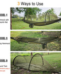 Three models of Two In One Pop Up Hammock Tent With Mosquito Net For One Person, showing hammock and tent setups in green.
