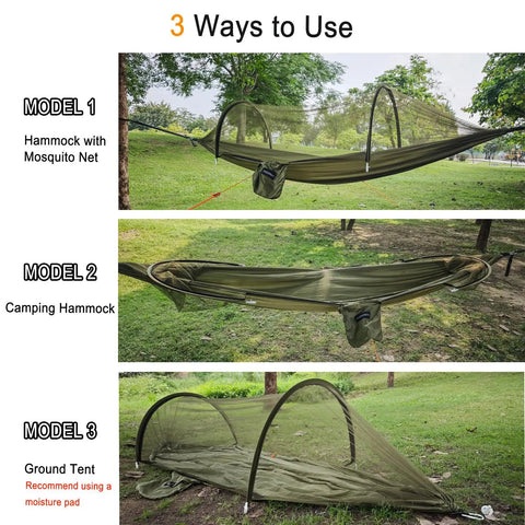 Three models of Two In One Pop Up Hammock Tent With Mosquito Net For One Person, showing hammock and tent setups in green.