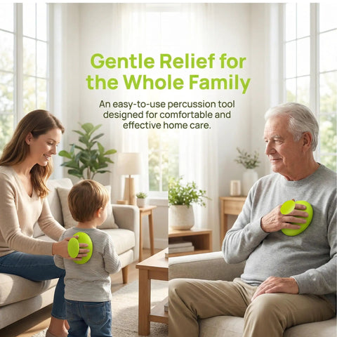Chest Percussion Cup For Adults Silicone Mucus Clearing Device For Home Use shown used by a man and a boy in a living room