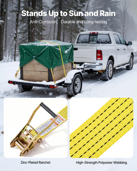 Truck towing trailer using Six Pack 2 Inch By 15 Foot Heavy Duty Ratchet Straps With Double J Hooks, 5000 Lbs Break Strength