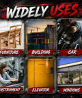 Collage showing uses for Rivet Nut Setter Kit For Cordless Drill M3 To M8 in furniture, building, car, instrument, elevator, and windows.