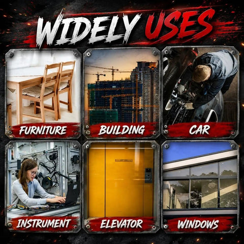 Collage showing uses for Rivet Nut Setter Kit For Cordless Drill M3 To M8 in furniture, building, car, instrument, elevator, and windows.