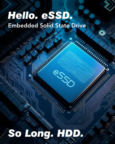 Close-up of embedded solid state drive (eSSD) on a circuit board, highlighting transition from HDD to eSSD technology.