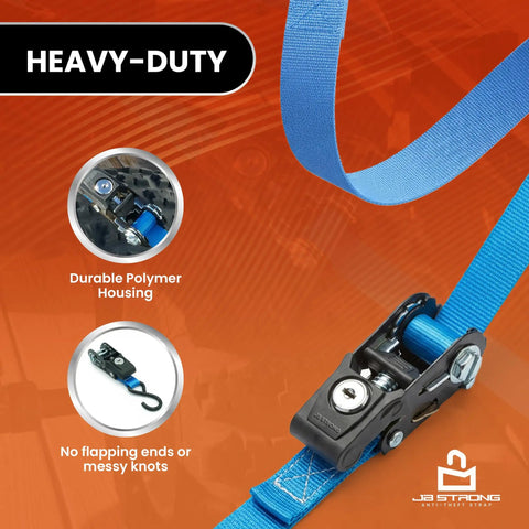 Lock It Down Pat With These Tangle Free Anti Theft Ratchet Straps 2 Pack featuring durable polymer housing and blue cut resistant webbing.