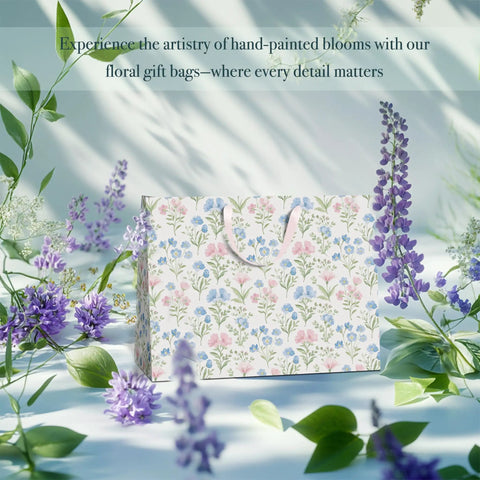 Two Large 13 Inch Floral Gift Bags With Matching Tissue Paper Card And Envelope Set Hand Painted Bloom Design Totally Perfect For Any Occasion Great For Women Gifts And Special Occasions, showcased with purple flowers.