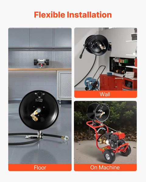 Heavy Duty Pressure Washer Hose Reel 50 Feet Three Eighths Inch Steel Bracket Mounted Flexible Installation Options