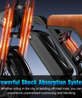 Close-up of Beast Mode 1200W Peak Ebike for Adults with Fat Tire showcasing shock absorption system for city and trail rides.