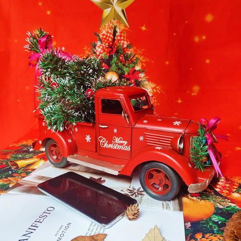 Red Metal Truck With Led String Light And Christmas Tree Ornaments Bell For Tabletop Xmas Decor And Fireplace Mantel Vintage Farmhouse Pickup Vehicle Collectible 15 Inch Large