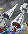Pro Grade Drill Wire Twister Tool with 6MM Hex Shank for fast wire nut twisting shown in action with colorful wires and power drill.
