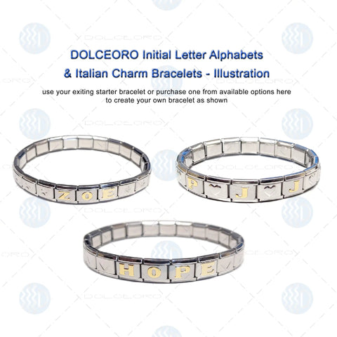 Three Italian charm bracelets featuring initials and HOPE design, highlighting modular style with silver tone charms.
