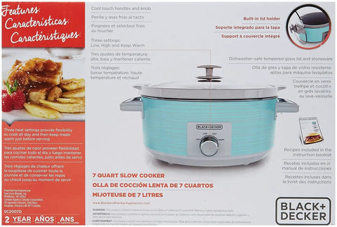 Teal 7 Quart Slow Cooker With Built In Lid Holder, cool touch handles, 3 heat settings, extra large handles, dishwasher safe
