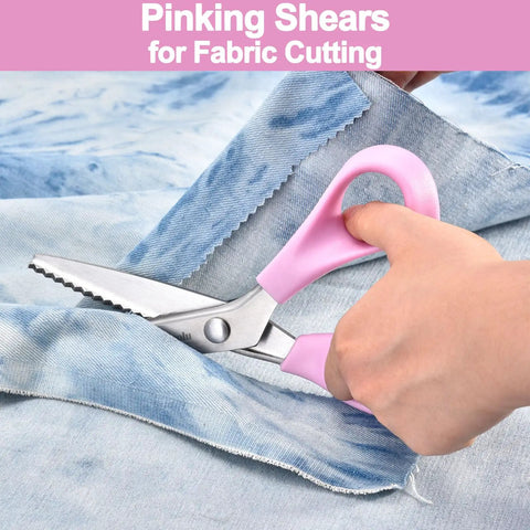 9 Inch Pinking Shears For Fabric Cutting And Crafting, Zigzag Scissors With Heavy Duty Stainless Steel Blade And Serrated Edge, Ultra Sharp And Durable For Tailors, Pros, Quilters, Dressmakers, Scrapbooking, Lace And Wig Work, Home DIY Projects, pink handle cutting denim
