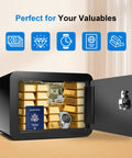 Open Compact Mini Safe Box For Home And Dorms With Key Lock showing gold bars, passport, and watch inside, black and durable.