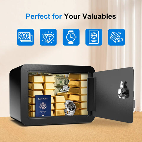 Open Compact Mini Safe Box For Home And Dorms With Key Lock showing gold bars, passport, and watch inside, black and durable.