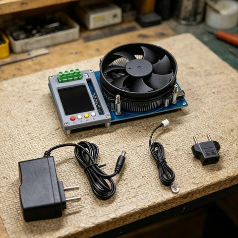 Powerful 150W CNC Electronic Load for Battery Capacity Testing 0 to 150V and 20A DC Load Tester With 4 Wire Kelvin Sensing 2.4 Inch Color Display CC CV CP CR Modes OVP and OTP Protection on workbench with cables