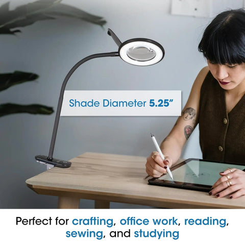 LED Clip On Magnifying Glass With Light For Crafting And Needlework Hands Free Adjustable Arm Desk Lamp in use on desk