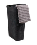 Slim 40L Laundry Hamper With Lid For Tight Spaces Narrow Tapered Design With Ventilated Cutout Pattern For Airflow Durable Plastic Black Laundry Bin with towel