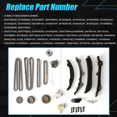 Beefed-Up Timing Chain Kit for 3.6L V6 Engines Fit 2016-2024 parts laid out with chains, tensioners, and guides visible