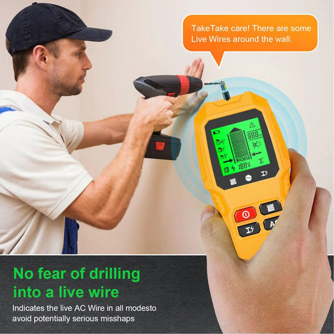 Stud Finder Wall Scanner Wood Metal Beam AC Wire Detector in use by a man detecting live wires while drilling.