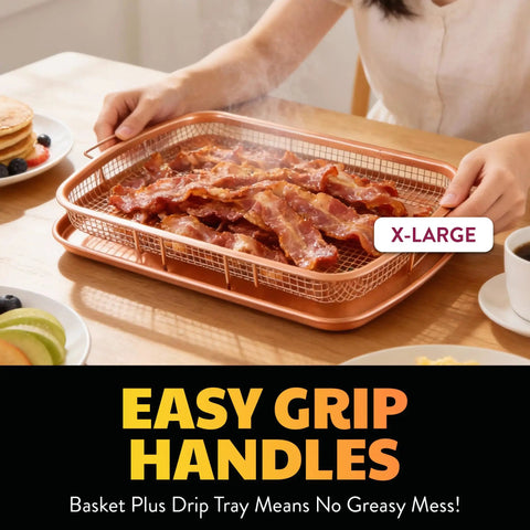 Two Piece Aluminum Baking Sheet With Air Fry Rack And Copper Nonstick Coating For Oven showing crispy bacon on rack