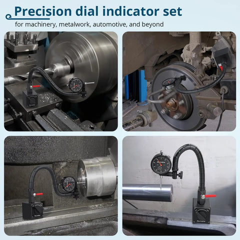 Dial Indicator Set With Magnetic Base 0 to 1 Inch Range 0.001 Inch Accuracy in use on machining equipment.