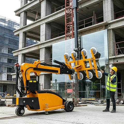 Slick Electric Vacuum Suction Cup Cart Built For No Sweat Heavy Glass And Stone Lifting With Extendable Telescopic Arm Automatic Robotic Handler in use at construction site.
