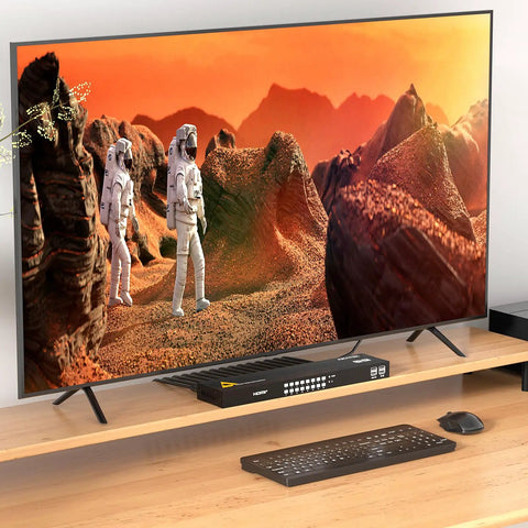 Absolute Game Changer 16 Port HDMI KVM Switch Delivers 4K At 60Hz with keyboard and space-themed display.