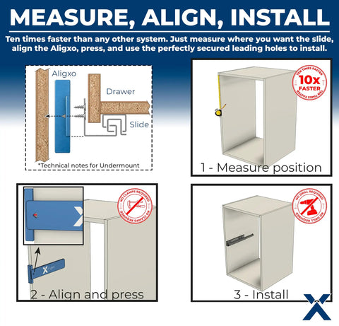 Installation process using Undermount Drawer Slide Jig For Cabinet Hardware Installation, Pro Grade Woodworking Tool For Quick Drawer Alignment, Side Mount Drawer Slides Compatible, Cabinet Jigs For Fast, Accurate Installations.