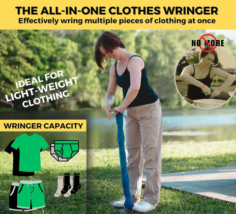 Manual Clothes Wringer For Camping And Travel Ultra Light Hand Wash Spinner Kicks Excess Water Out Fast Portable Laundry Helper in use, wringing clothes outdoors.