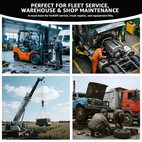 Collage of Heavy Duty Forklift Service Jack With 4 Ton Capacity 8000 Lb Low Profile Hydraulic Floor Jack in maintenance settings
