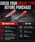 Ratcheting Brake Caliper Piston Compressor And Drum Brake Spring Installer Tool Kit with instructions on compatibility.