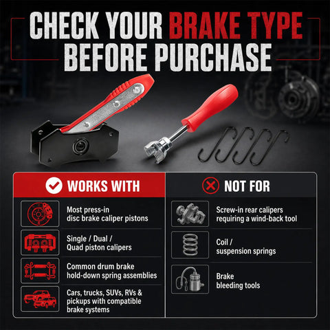 Ratcheting Brake Caliper Piston Compressor And Drum Brake Spring Installer Tool Kit with instructions on compatibility.