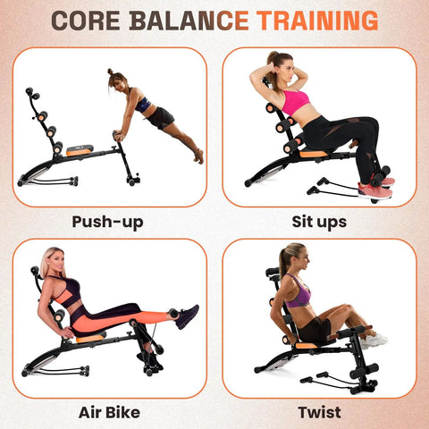 Core balance training exercises on Ab Workout Bench For Home Gym Adjustable Sit Up Chair With Incline And Decline 12 Plus Exercises Multi Function Total Body Training Equipment For Real Full Body Gains Back Extensions Abs And Legs Black.