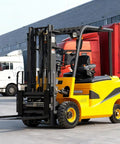 Heavy Duty Industrial Electric Forklift With Precision Steering, 4-Way Counterbalance Pallet Stacker in a shipping yard.